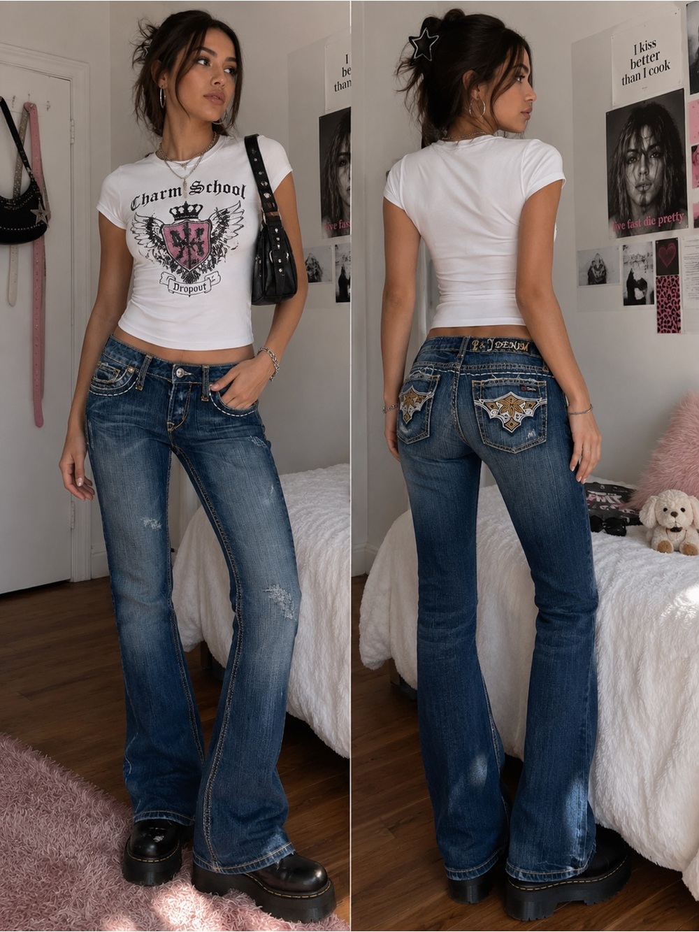 P&Y Denim Y2K 2000s Embroidered Pocket Low Rise Bootcut Jeans Size 38
